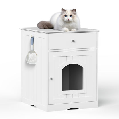 Jack & Susy™ Wooden Cat Litter Box Enclosure with Drawers – Stylish Pet House & Bedside Table for Indoor Cats (White)