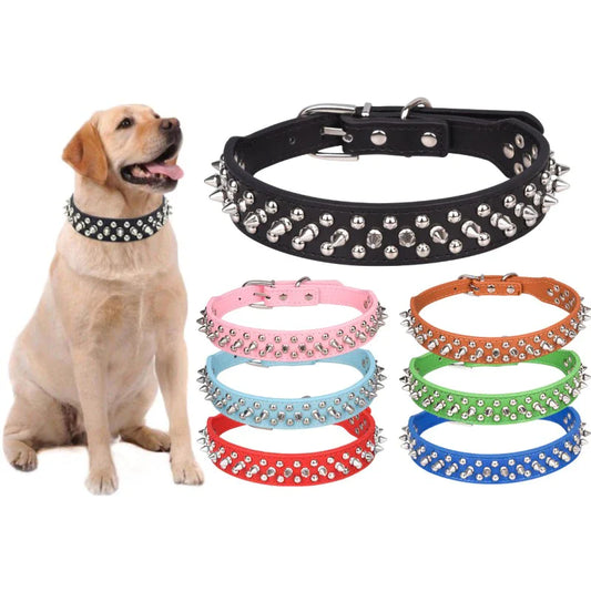 Jack & Susy™ Spiked Studded Leather Dog Collar – Adjustable PU Collar with Rivets for Small to Large Dogs