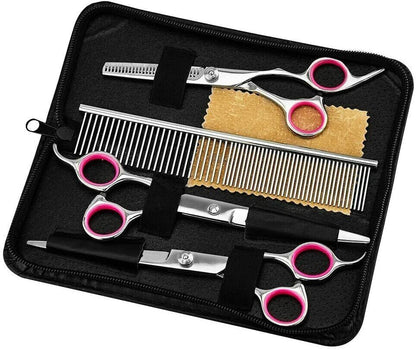 Premium Pet Grooming Scissors Kit – 7” Stainless Steel Straight, Curved & Thinning Shears with Comb & Case