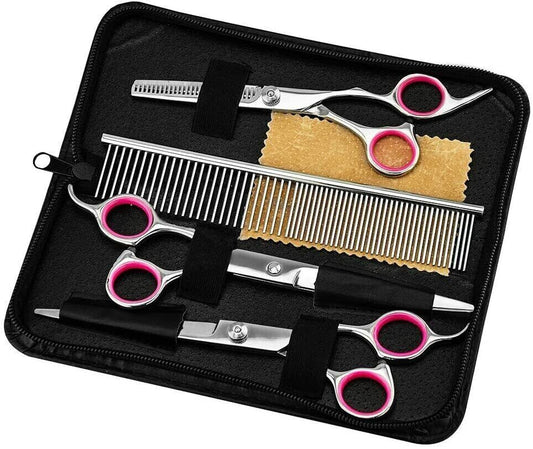 Premium Pet Grooming Scissors Kit – 7” Stainless Steel Straight, Curved & Thinning Shears with Comb & Case