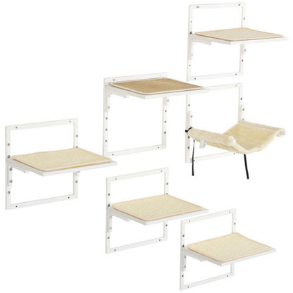 Jack & Susy™ 6-Piece Modern Cat Wall Shelves Set with Hammock – Adjustable Climbing Platforms & Perches for Indoor Cats (Cream White)