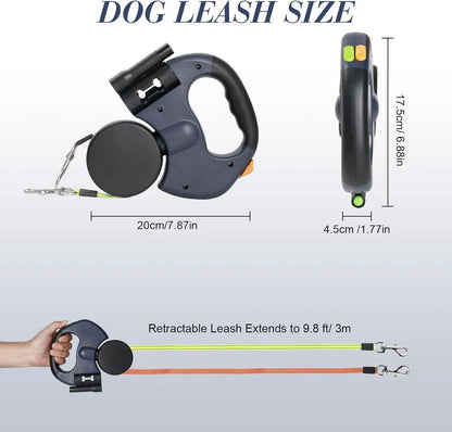 Jack & Susy™ Dual Retractable Dog Leash – 360° Tangle-Free Double Walking Lead with Reflective Strips & LED Light