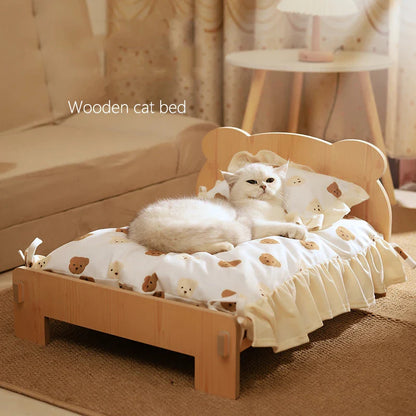 Cat & Dog Bed – Wooden Indoor Pet Furniture with Teddy Bear Pattern, Comfortable & Durable